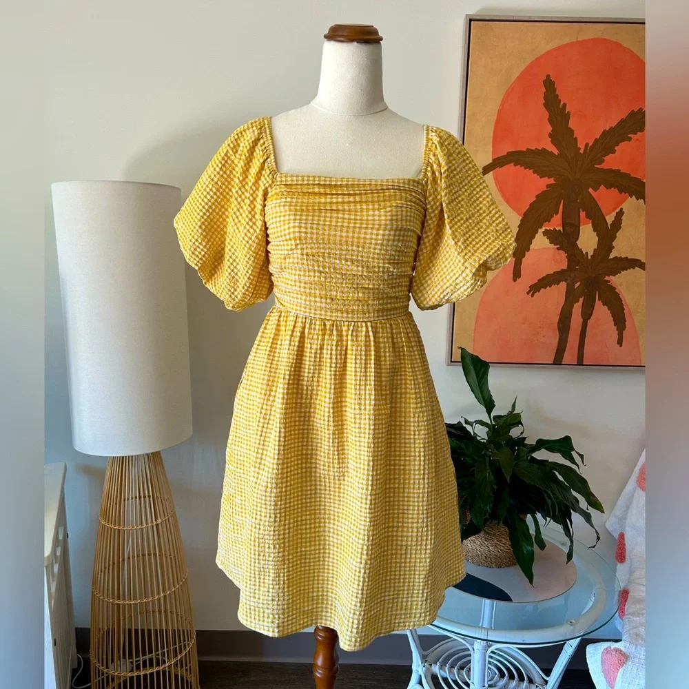 Piper Pleated Bodice Organic Cotton Mini Dress in Mustard Gingham - Picture 5 of 8